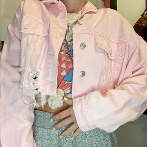 Signatures cropped light pink denim jacket